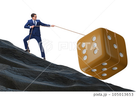 Uncertainty concept with businessman and dice Uncertainty concept with businessman and dice 105013653