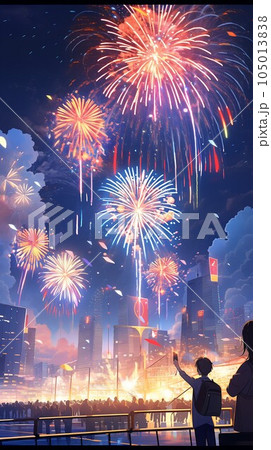 【夏祭り】都会の花火大会　ポスター素材　（AI生成画像） 105013838