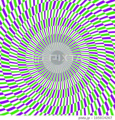 Radial optical illusion background. Purple and green abstract lines surface in circles. Poster, banner, template design. Spinning spiral illusion wallpaper. Vector opt art illustration  105014267