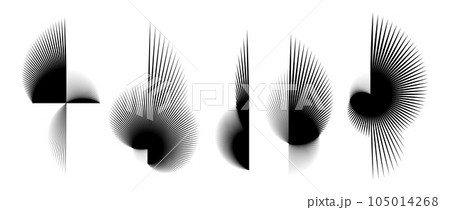 Abstract black curved spiky elements set. Radial spiral spokes objects collection. Thin thorn semicircle shapes and angular sunburst bundle for posters, collages, decoration. Vector futuristic pack 105014268