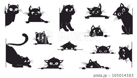 Black cat looking. Peeking cats silhouettes with big eyes. Playful muzzle, creative kitty peeping from corner. Spy pets snugly vector elements Black cat looking. Peeking cats silhouettes with big eyes. Playful muzzle, creative kitty peeping from corner. Spy pets snugly vector elements 105014383