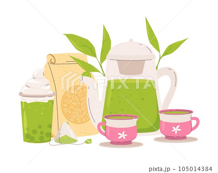 Tea time composition with cups, pot and leaves. Matcha or green drink, drinking accessories and food. Summer fresh cocktail, healthy style vector concept Tea time composition with cups, pot and leaves. Matcha or green drink, drinking accessories and food. Summer fresh cocktail, healthy style vector concept 105014384