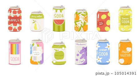 Drinks in cans, different soda beverage can. Juicy limonade packaging design, fizzy soft refreshing juice. Summer party, cartoon snugly vector clipart 105014391