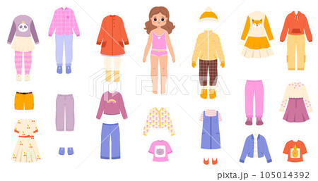 Kid paper doll with dress. Cut baby girl, cartoon clothes. Dress-up little baby, summer and winter children outfits. Childish snugly game vector clipart 105014392