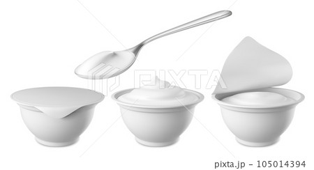 Realistic open yogurt. 3d closed plastic cup with lid. White container packaging mockup for dairy food. Sour cream, soft cheese pithy vector set 105014394