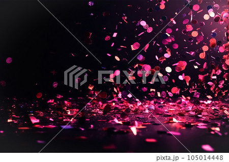 Festive Abstract background with scattered pink confetti, splashes, ribbons. Modern dark empty background Festive Abstract background with scattered pink confetti, splashes, ribbons. Modern dark empty background 105014448