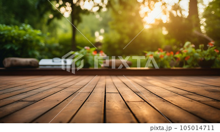 ウッドデッキと庭の背景イラスト AI画像 ウッドデッキと庭の背景イラスト AI画像 105014711