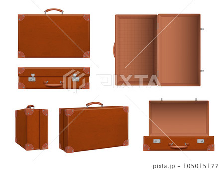 Travel suitcase. Open and closed retro baggage leather suitcase decent vector realistic set Travel suitcase. Open and closed retro baggage leather suitcase decent vector realistic set 105015177