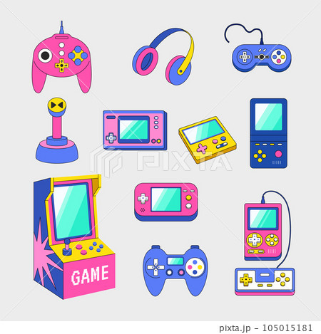 Video game gadgets. Gamepad consoles for nerd vintage assets in retro style recent vector pictures set isolated 105015181