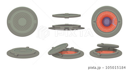 Sewer manhole. Open and closed round steel manhole for urban street exact vector cartoon illustrations Sewer manhole. Open and closed round steel manhole for urban street exact vector cartoon illustrations 105015184