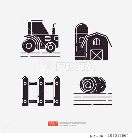 Agricultural tractor, farm barn building, wood fence, rolled hay or grass. Agriculture and farming glyph icon set. Vector Illustration Agricultural tractor, farm barn building, wood fence, rolled hay or grass. Agriculture and farming glyph icon set. Vector Illustration 105015664