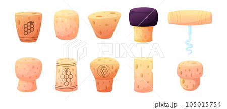 Wine cork cartoon design, different corks and corkscrew spiral tool. Vintage winery isolated elements for bottles. Wooden stopper nowaday vector set 105015754