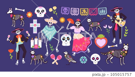 Horror mexican animals skulls, sugar pet skull and skeletons. Mexican fiesta decoration, cartoon celebrating day of dead racy vector symbols 105015757