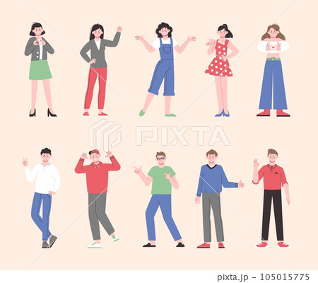 Happy positive excited people. Ok gestures, fun carefree person. Emotional cartoon team, modern young women men splendid vector characters 105015775
