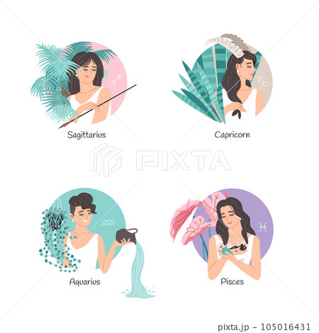 Zodiac collection set with beautiful woman, Sagittarius, Capricorn, Aquarius, Pisces, horoscope astrology symbol sign. Vector illustration with houseplants 105016431