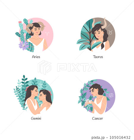Zodiac collection set with beautiful woman, Aries, Taurus, Gemini, Cancer, horoscope astrology symbol sign. Vector illustration with houseplants 105016432