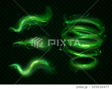 Magic leaf wind. Flying leaves natural effect with magical green glow energy, spiral flow swirl of fresh tea or mint leafs, herbal plant forest vortex 3d exact vector illustration 105016477