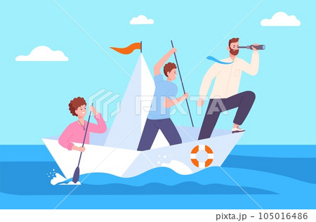 Sailing team. Leadership concept, leader on paper boat lead colleagues to success future direction, business company people at ship corporate mission, splendid vector illustration 105016486