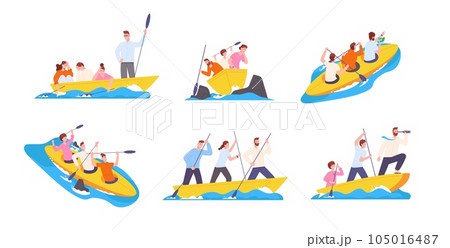 Leadership boats. Businessman leader on boat lead business team to objective goals in danger sea direction, work sail captain vision search strategy, splendid vector illustration 105016487