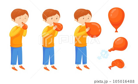 Kid blowing balloon. Cartoon child boy inflate balloons, children blow up air ball toy for birthday party or festival decoration, baby playtime neat vector illustration 105016488