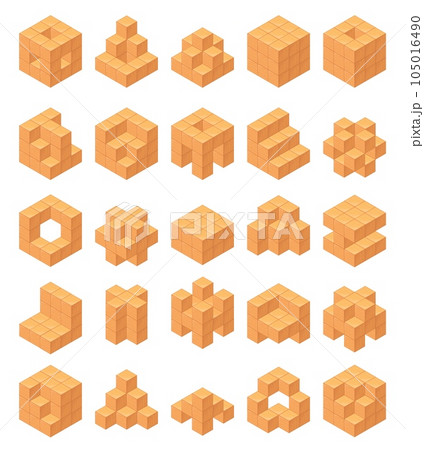 Isometric wooden cubes. Wood constructor cube miniature block for shape building, kids mathematical game child education toys learning of count and logic, neat vector illustration Isometric wooden cubes. Wood constructor cube miniature block for shape building, kids mathematical game child education toys learning of count and logic, neat vector illustration 105016490