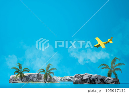 travel and vacation concepts, 3d illustrations of island, coconut trees and planes with blue background. 3d rendering  105017152
