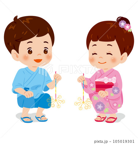 線香花火をする男の子と女の子 105019301
