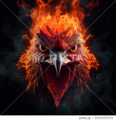 Image of angry chicken face and flames on dark background. Farm animals. Illustration, Generative AI. 105019335