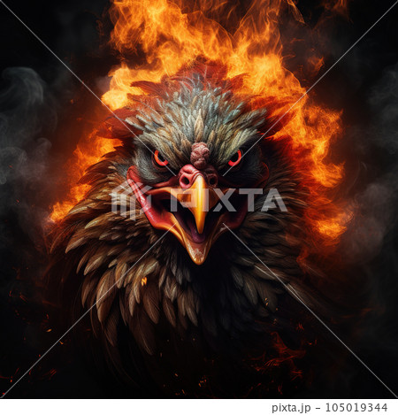 Image of angry chicken face and flames on dark background. Farm animals. Illustration, Generative AI. Image of angry chicken face and flames on dark background. Farm animals. Illustration, Generative AI. 105019344