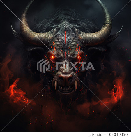 Image of angrya a bull face demon and flames on dark background. Wildlife Animals. Illustration, Generative AI. Image of angrya a bull face demon and flames on dark background. Wildlife Animals. Illustration, Generative AI. 105019350