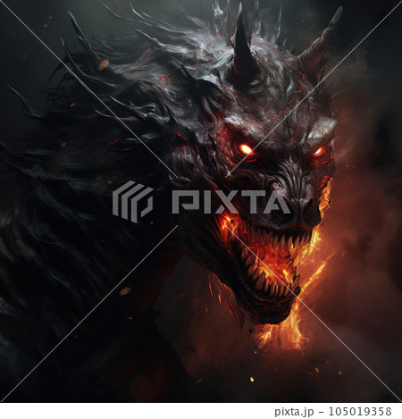 Image of angry demon horse terrifying and flames on dark background. Wildlife Animals. Illustration, Generative AI. 105019358