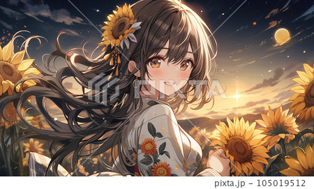 ひまわり畑に立つ浴衣の女性 105019512