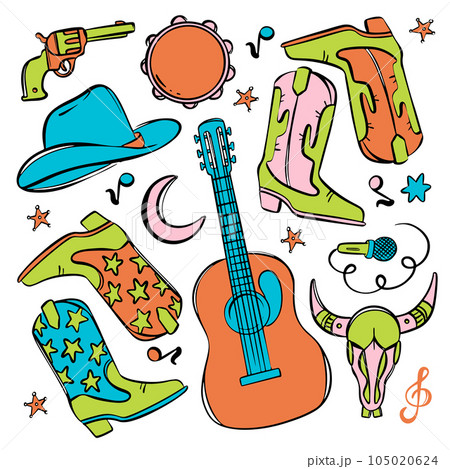 COWBOY FEST SYMBOLS Musical Set Of Bright Clip Art Cowboy Boots And Hat Colt Guitar Tambourine Microphone Treble Clef Notes And Bull's Skull Vector Collection 105020624