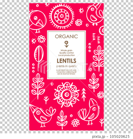 LENTILS PACKAGING Groats Abstract Nature Modern Vector Template With Birds And Plants On Red Color Background Organic Design With Hand Drawn Illustration 105020625