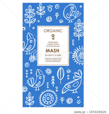 MASH PACKAGING Groats Abstract Nature Modern Vector Template With White Birds And Plants On Blue Color Background Organic Design With Hand Drawn Illustration 105020626