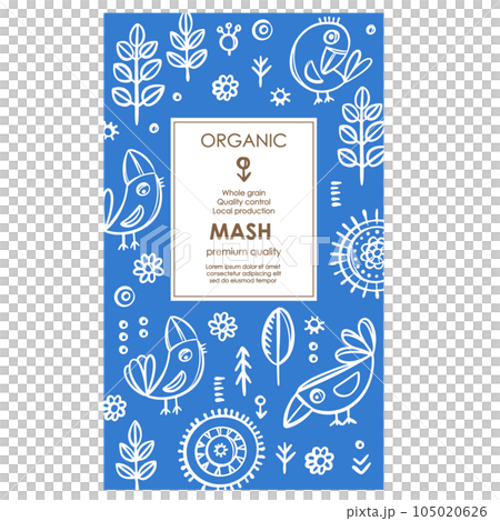 MASH PACKAGING Groats Abstract Nature Modern Vector Template With White Birds And Plants On Blue Color Background Organic Design With Hand Drawn Illustration 105020626