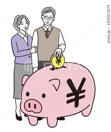 豚の貯金箱とシニア夫婦 豚の貯金箱とシニア夫婦 105021075