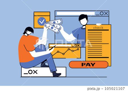 Online payment concept with people scene in flat design for web. Man paying digital check with credit card using mobile application. Vector illustration for social media banner, marketing material. 105021107