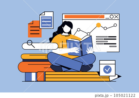 Back to school concept with people scene in flat design for web. Student reads books, makes homework with textbook, preparing to exam. Vector illustration for social media banner, marketing material. Back to school concept with people scene in flat design for web. Student reads books, makes homework with textbook, preparing to exam. Vector illustration for social media banner, marketing material. 105021122