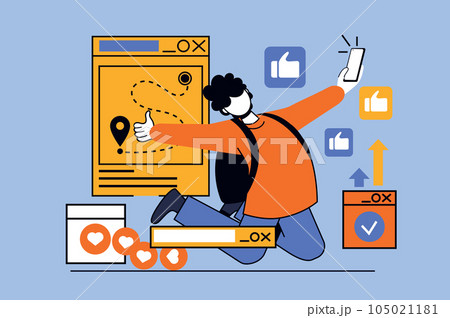 Traveling concept with people scene in flat design for web. Man traveler with backpack planning route on map in mobile app for hiking. Vector illustration for social media banner, marketing material. 105021181