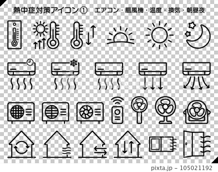 熱中症対策グッズのアイコンセット、エアコンや扇風機など、画線黒 105021192