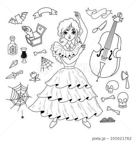 Wednesday. Halloween outline doodles. Dancing pretty girl, bat, cello, rum, skull, hand thing cobweb and knife. Vector illustration. Isolated line hand drawings for festive design Wednesday. Halloween outline doodles. Dancing pretty girl, bat, cello, rum, skull, hand thing cobweb and knife. Vector illustration. Isolated line hand drawings for festive design 105021762