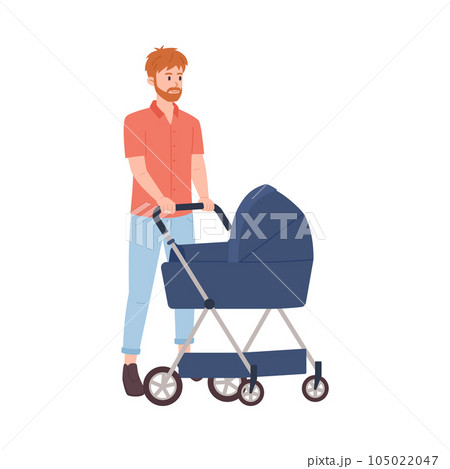 Smiling bearded man walking with baby carriage flat style, vector illustration Smiling bearded man walking with baby carriage flat style, vector illustration 105022047