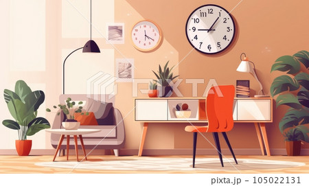 Elegant cozy boho style living room interior. Comfortable armchair with cushion and plaid, green plants in flower pots, rug on the floor, wall and table decor. Bohemian chic. Mockup, illustration. Elegant cozy boho style living room interior. Comfortable armchair with cushion and plaid, green plants in flower pots, rug on the floor, wall and table decor. Bohemian chic. Mockup, illustration. 105022131
