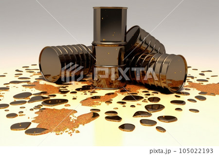 Jumbled pile of barrels and spilled crude oil on the surface, mixed with the soil. Environmental pollution concept. Isolated with copy space. 3D rendering. 105022193