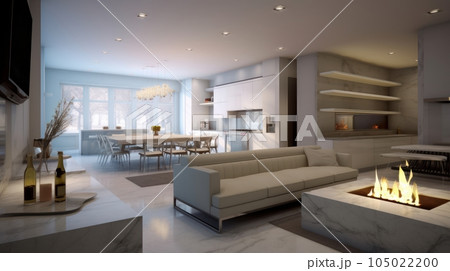 Contemporary living room interior in a luxury cottage. Large bio fireplace with marble finish, dining area, sofa and coffee table. Floor-to-ceiling window with forest view. 3D rendering. 105022200