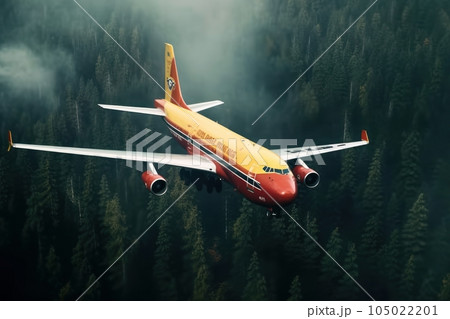 Rescue firefighting DC-10 aircraft extinguish a forest fire by dumping water on a burning coniferous forest. Saving forests, fighting forest fires. Bird's-eye view, pine forest backdrop. 3D rendering. 105022201