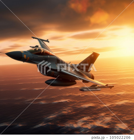 F-16 air force fighter flying over the ocean, beautiful sunset over horizon on the background. Jet military aircraft patrols territory, makes a training flight. Close up aerial view. 3D rendering. 105022206