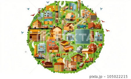 Illustration of human habitat, symbolizing the circular nature of economic development. Habitation, industry, agriculture, science, transportation, recycling. Mockup, isolated on white background. 105022215