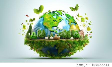 Image of the globe with symbols of human activity and the environment. Environment, save clean planet, ecology concept. Saving nature for future generations. Earth Day banner with copy space. 105022233